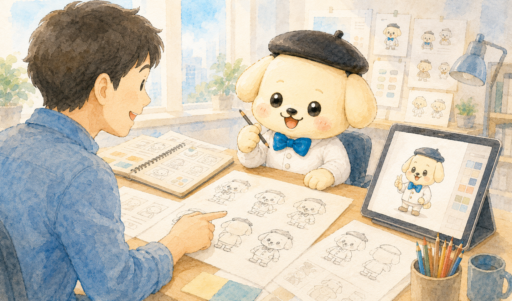 キャラクターをデザインしている様子、ラフ案や完成キャラクターのイメージ