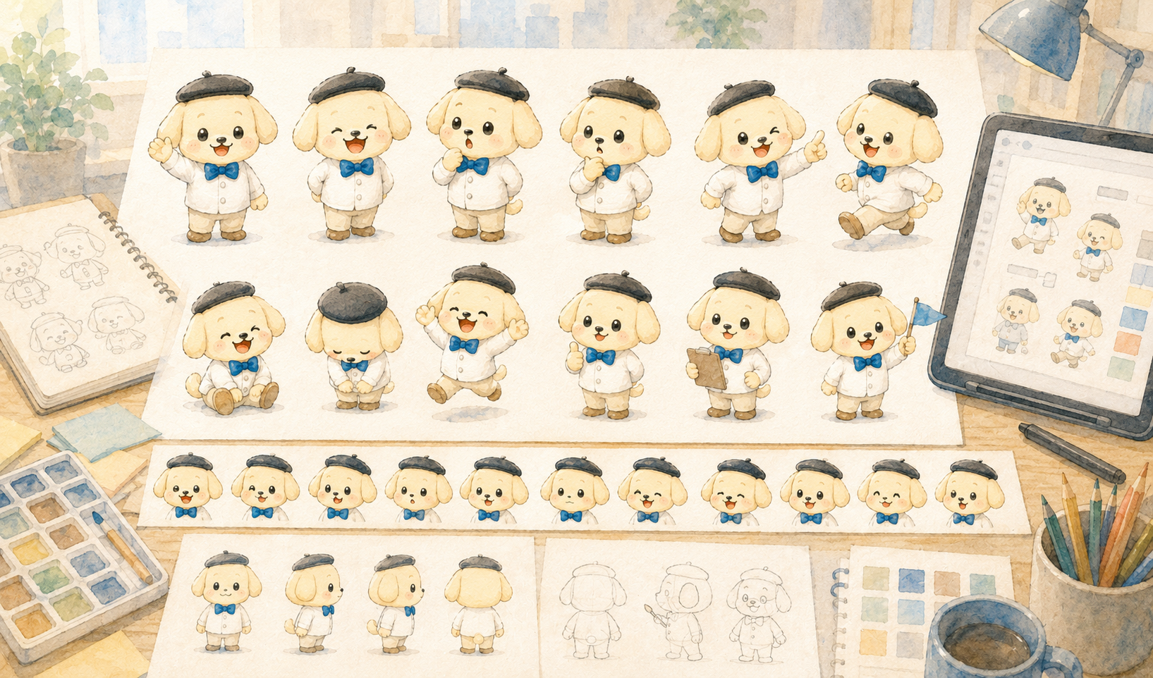 複数の表情やポーズが並んでいるキャラクター素材のイメージ